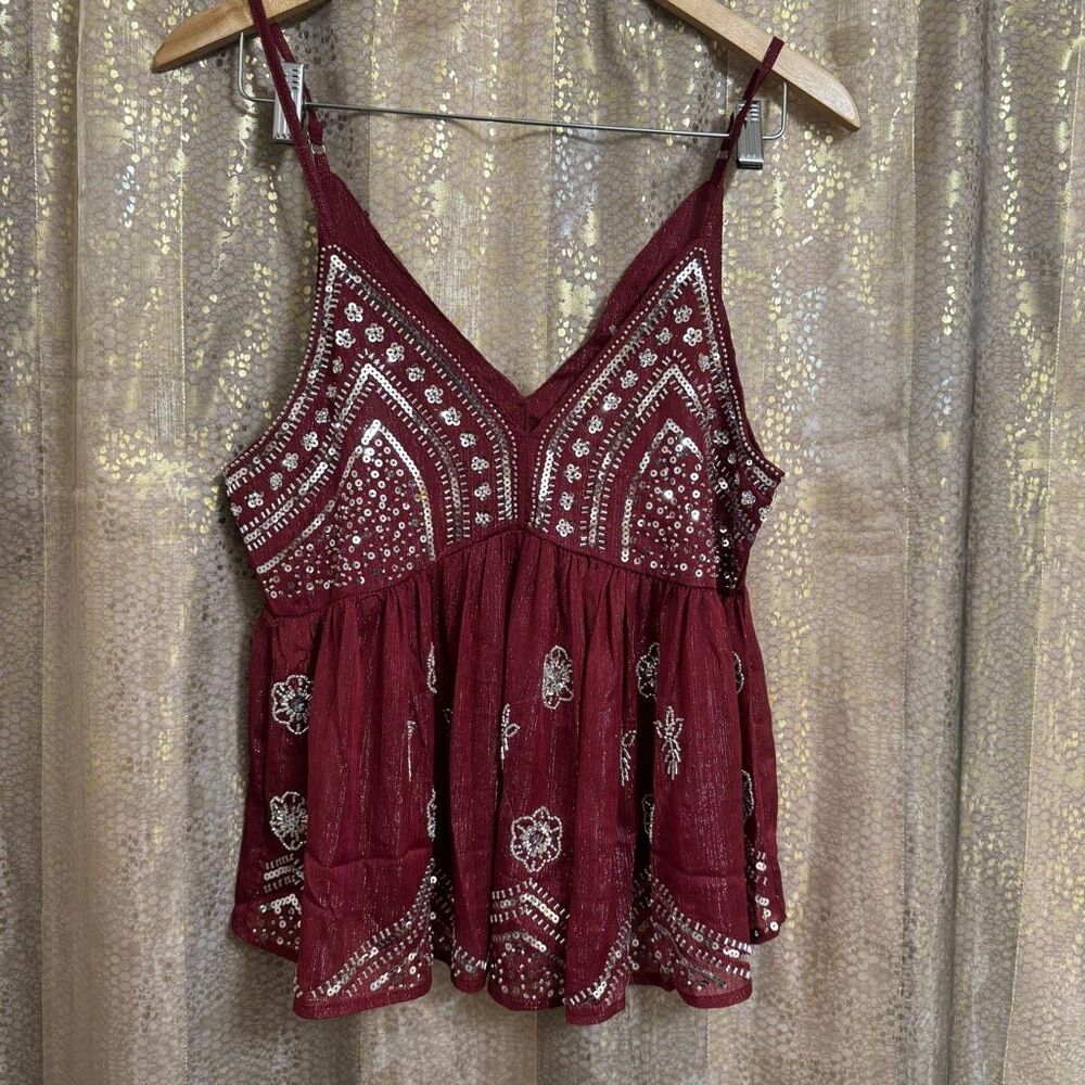 LC collection Burgundy Beaded Sequin Sheer Chiffon Cami Tank Top S NWT